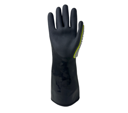 Task Gloves CHEM101® Chem Exo Plus - Black smooth Co-Polymer Fully coated, Black Sandy-Foam Co-Polymer palm coated, 15 Gauge Aramid+Stainless Steel liner, ANSI Cut A5, 15" Length, TPR back - Dozen