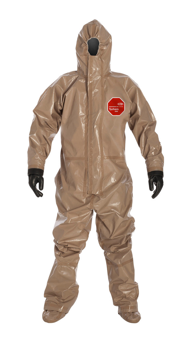 DuPont Tan Tychem® 5000, 18 mil Chemical Protective Coveralls With Respirator Fitting Hood, Attached Gloves And Attached Socks