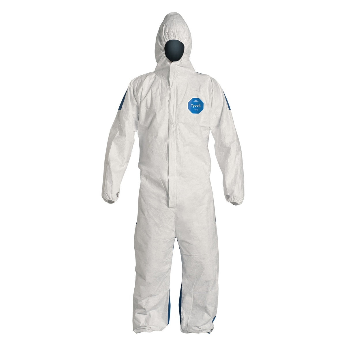DuPont White/Blue Tyvek® 400 D 5.9 mil/12 mil Coveralls (With Respirator Fitting Hood, Elastic Wrists And Ankles)
