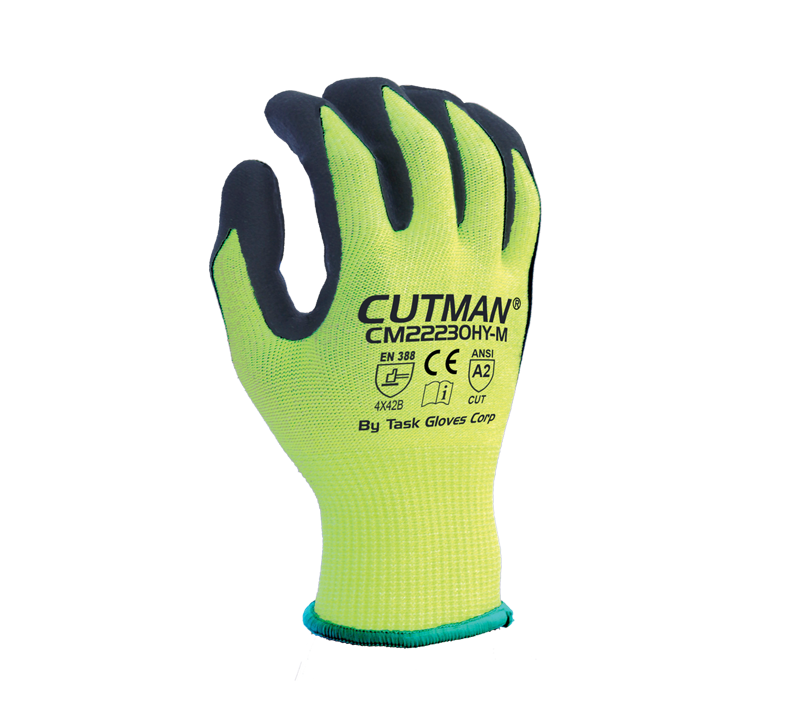 Task Gloves - CUTMAN® - 13 Gauge Hi-Vis Yellow HDPE shell, Black Micro-Foam Nitrile palm coated, ANSI Cut A2, Touchscreen compatible - Dozen