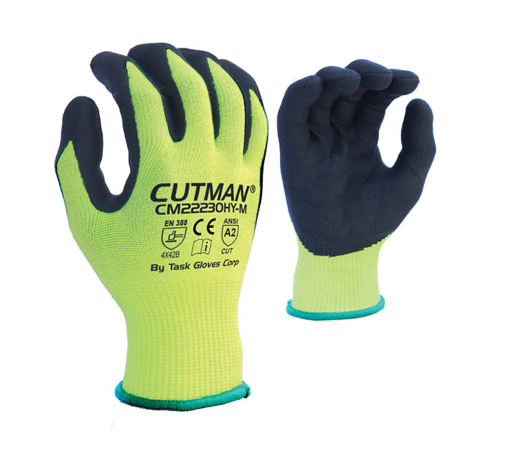 Task Gloves - CUTMAN® - 13 Gauge Hi-Vis Yellow HDPE shell, Black Micro-Foam Nitrile palm coated, ANSI Cut A2, Touchscreen compatible - Dozen