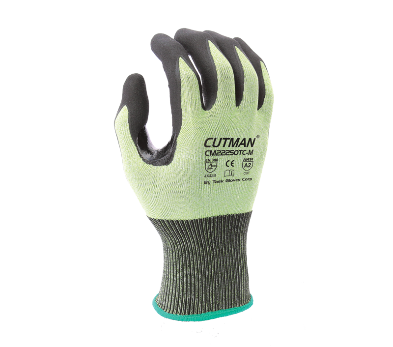 Task Gloves - CUTMAN® - 18 Gauge Hi-Vis HDPE shell, Black Micro-Foam Nitrile palm coated, Reinforced Thumb Saddle, ANSI Cut A2, Touchscreen compatible - Dozen