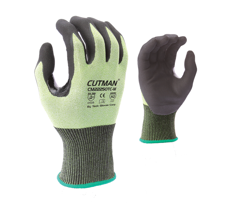Task Gloves - CUTMAN® - 18 Gauge Hi-Vis HDPE shell, Black Micro-Foam Nitrile palm coated, Reinforced Thumb Saddle, ANSI Cut A2, Touchscreen compatible - Dozen
