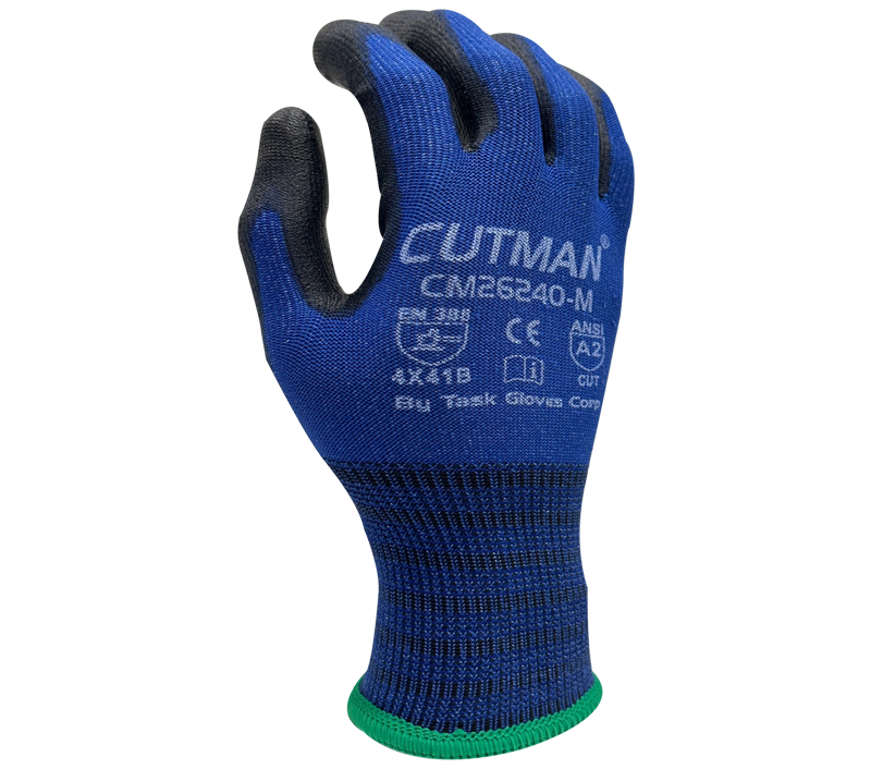 Task Gloves - CUTMAN® - 15 Gauge Blue Nylon w/ Glass fiber shell, Black Foam Nitrile palm coated, Touchscreen compatible, ANSI Cut A2 - Dozen