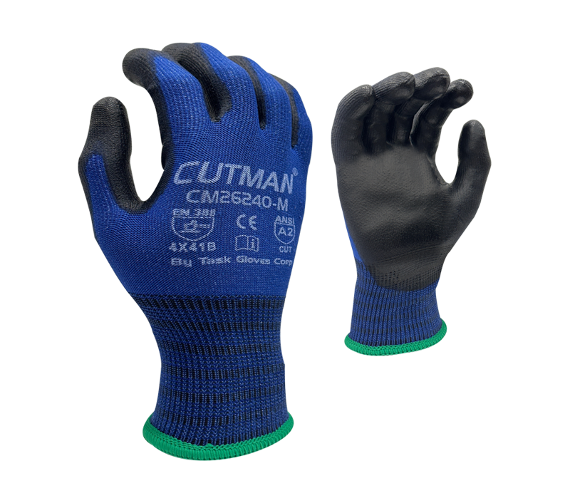 Task Gloves - CUTMAN® - 15 Gauge Blue Nylon w/ Glass fiber shell, Black Foam Nitrile palm coated, Touchscreen compatible, ANSI Cut A2 - Dozen