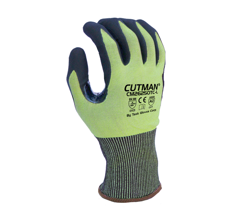 Task Gloves - CUTMAN® - 18 Gauge Hi-Vis HDPE shell, Black Polyurethane palm coated, Reinforced Thumb Saddle, ANSI Cut A2, Touchscreen compatible - Dozen