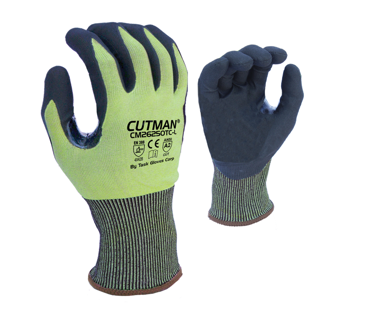 Task Gloves - CUTMAN® - 18 Gauge Hi-Vis HDPE shell, Black Polyurethane palm coated, Reinforced Thumb Saddle, ANSI Cut A2, Touchscreen compatible - Dozen