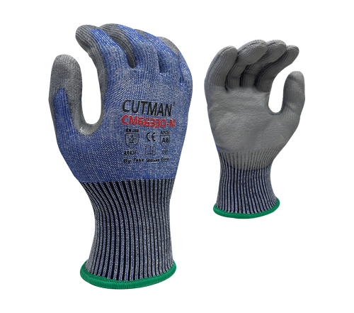 (BT2016PU) 13G Blue HDPE W/Stainless Blended Knit Liner(ANSI CUT A6), Grey Polyurethane Palm Coated Gloves - Dozen