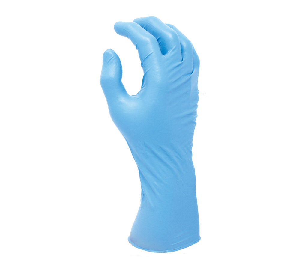 8 mil Blue Nitrile Disposable, 12" length, Powder-Free, textured finish, 50 gloves per dispenser