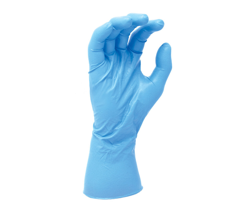 8 mil Blue Nitrile Disposable, 12" length, Powder-Free, textured finish, 50 gloves per dispenser