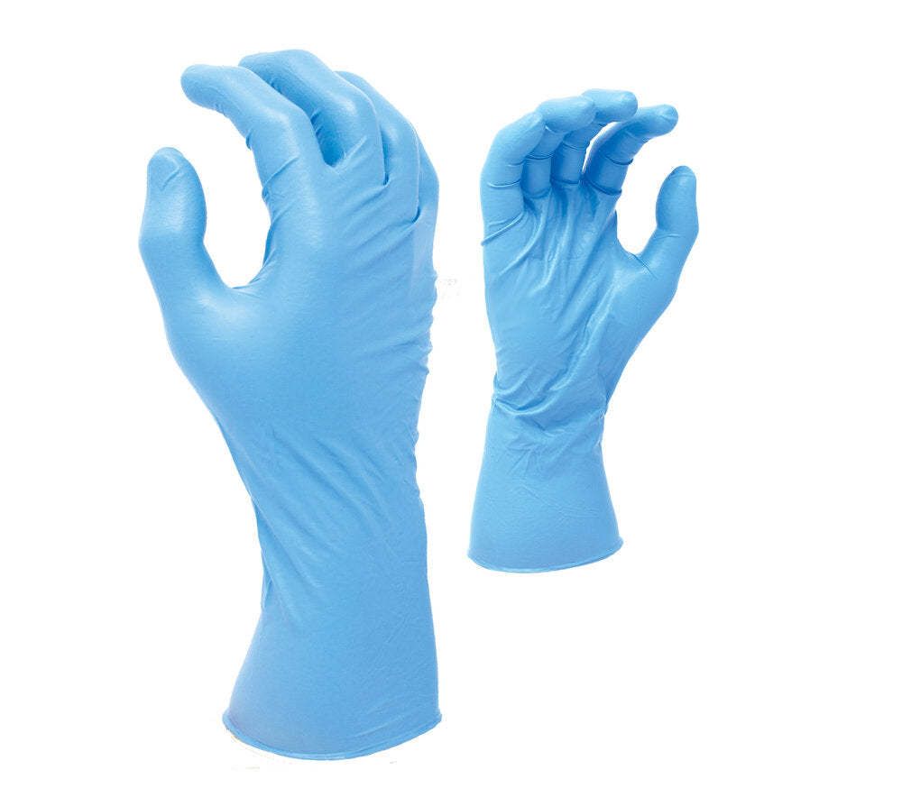 8 mil Blue Nitrile Disposable, 12" length, Powder-Free, textured finish, 50 gloves per dispenser