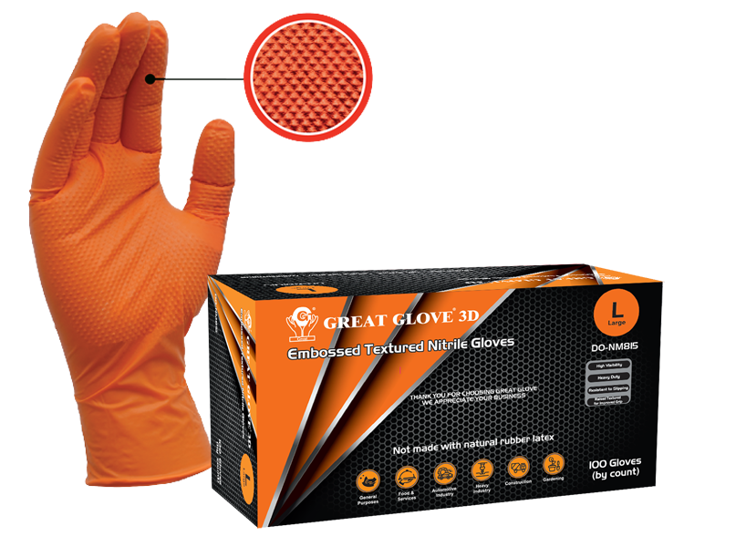GREAT GLOVE - 3D EMBOSSED TEXTURED - 8 MIL ORANGE NITRILE