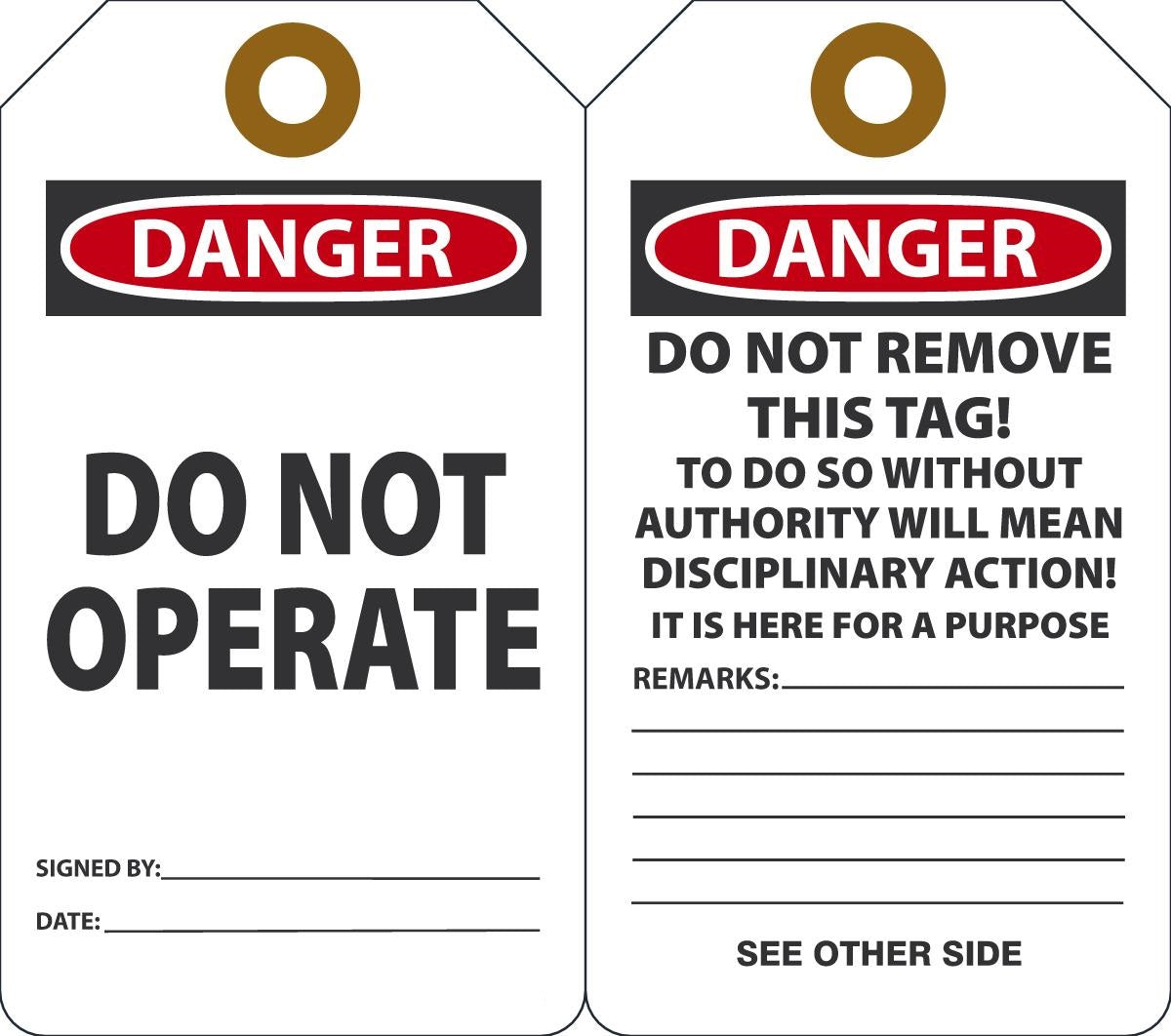 5 3/4" X 3 1/4" Black, Red And White HS-Laminate English Accident Prevention Safety Tag "DANGER DO NOT OPERATE" With Pull-Proof Metal Grommeted 3/8"