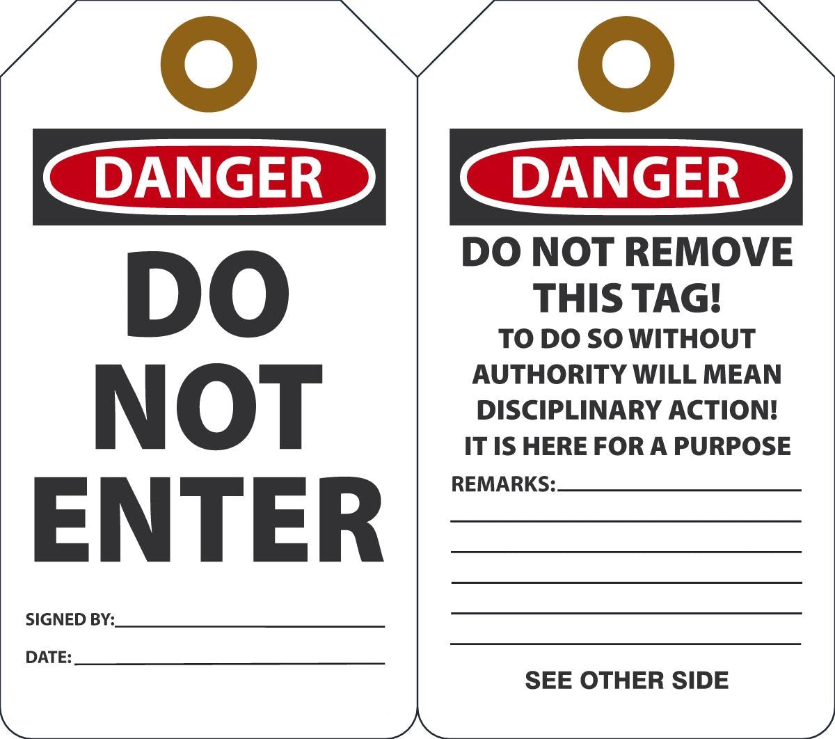 5 3/4" X 3 1/4" Black, Red And White HS-Laminate English Accident Prevention Safety Tag "DANGER DO NOT ENTER" With Pull-Proof Metal Grommeted 3/8"