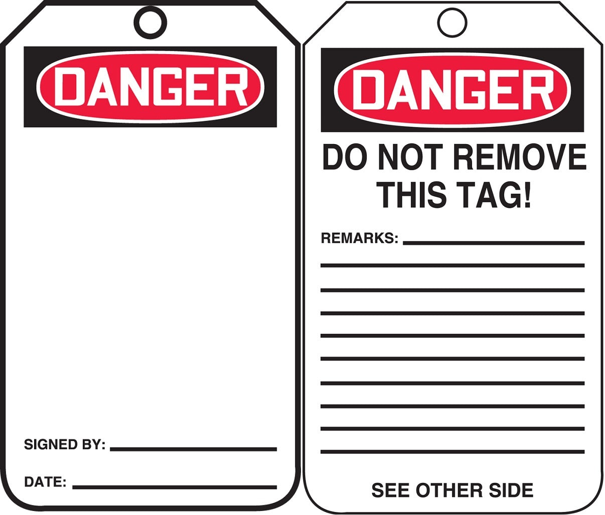 5 3/4" X 3 1/4" Black, Red And White HS-Laminate English Accident Prevention Safety Tag "DANGER" With Pull-Proof Metal Grommeted 3/8" Reinforced Hole, Do Not Remove Tag Warning On