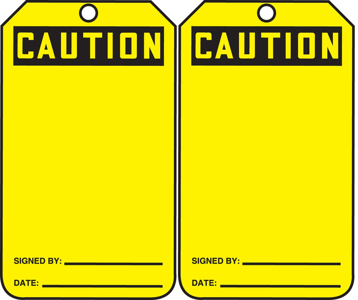 5 3/4" X 3 1/4" Black And Yellow HS-Laminate Accident Prevention Blank Tag "CAUTION" With Pull-Proof Metal Grommeted 3/8" Reinforced Hole And OSHA Header