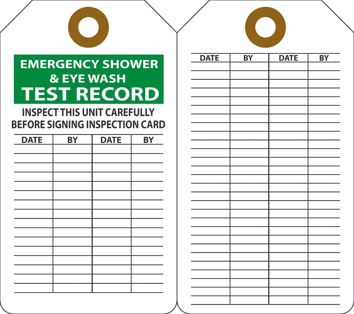5 3/4" X 3 1/4" Black, Green And White 15 mil RP-Plastic English Equipment Status Tag "EMERGENCY SHOWER & EYEWASH TEST RECORD INSPECT THIS UNIT