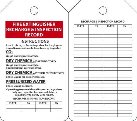 5 3/4" X 3 1/4" Red, Black And White 10 mil PF-Cardstock English Fire Inspection Tag "FIRE EXTINGUISHER RECHARGE AND INSPECTION RECORD" With 3/8" Plain Hole
