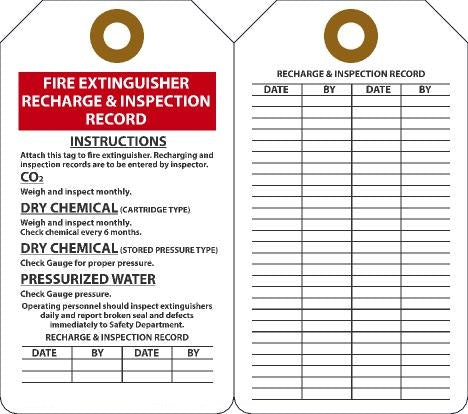 5 3/4" X 3 1/4" Red, Black And White 15 mil RP-Plastic English Fire Inspection Tag "FIRE EXTINGUISHER RECHARGE AND INSPECTION RECORD" With Metal Grommeted 3/8" Reinforced Hole