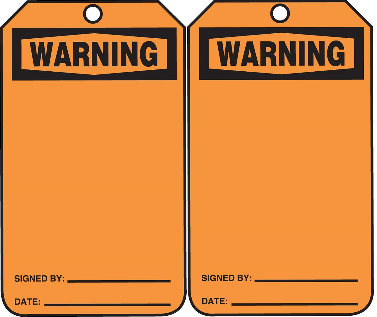 5 3/4" X 3 1/4" Black And Orange HS-Laminate Accident Prevention Blank Tag "WARNING" With Pull-Proof Metal Grommeted 3/8" Reinforced Hole