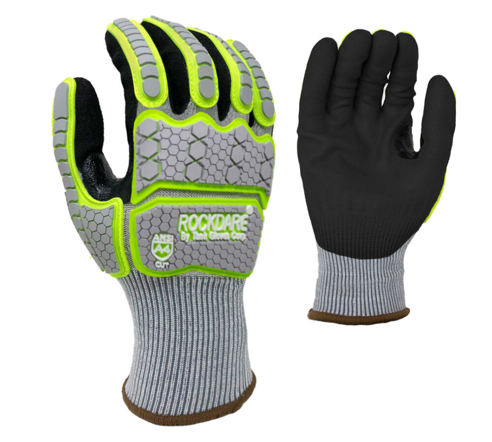 RockDare® - 15G Gray HDPE w/Glass Fiber + Stainless liner (ANSI CUT A4) Sandy-Foam Nitirle Palm Coated Gloves with Thumb Saddle and TPR Back - Dozen