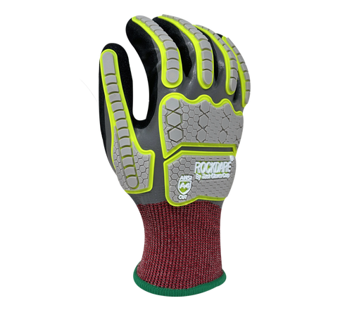 RockDare® - Fully coated Gray Smooth Nitrile, Black Sandy Foam Nitrile palm, Gray/Green TPR back, 18 Gauge Falstone shell, ANSI Cut A4, Touchscreen compatible - Dozen