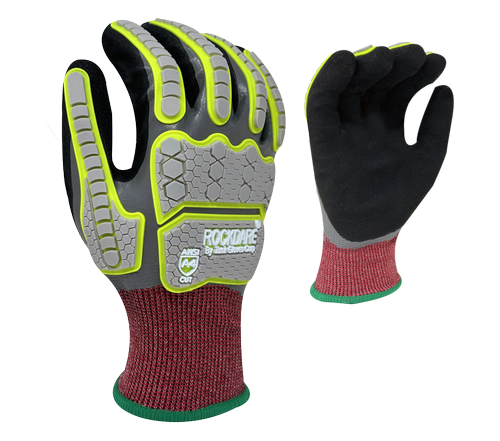 RockDare® - Fully coated Gray Smooth Nitrile, Black Sandy Foam Nitrile palm, Gray/Green TPR back, 18 Gauge Falstone shell, ANSI Cut A4, Touchscreen compatible - Dozen