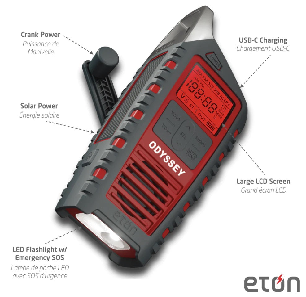 Eton - ODYSSEY RUGGED SOLAR POWERED ALL BAND WEATHER RADIO WITH BLUETOOTH AND FLASHLIGHT