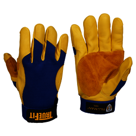 Tillman™ Blue And Gold TrueFit™ Deerskin And Spandex Full Finger Mechanics Gloves With Elastic And Hook And Loop Cuff