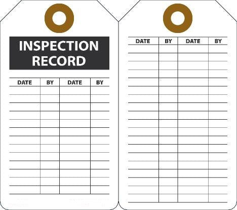 5 3/4" X 3 1/4" Black And White 15 mil RP-Plastic English Equipment Status Tag "INSPECTION RECORD" With Metal Grommeted 3/8" Reinforced Hole