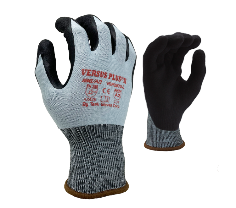 Task Gloves - Versus Plus® - 18 Gauge Blue Turnbull® shell, Black Micro-Foam Nitrile palm coated, ANSI Cut A2 - Dozen