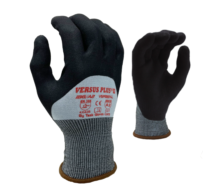 Task Gloves - Versus Plus® - 18 Gauge Blue Turnbull® shell, Black Micro-Foam Nitrile 3/4 coated, ANSI Cut A2 - Dozen