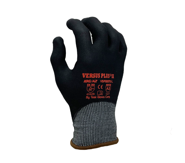 Task Gloves - Versus Plus® - 18 Gauge Blue Turnbull® shell, Black Micro-Foam Nitrile Fully coated, ANSI Cut A2 - Dozen