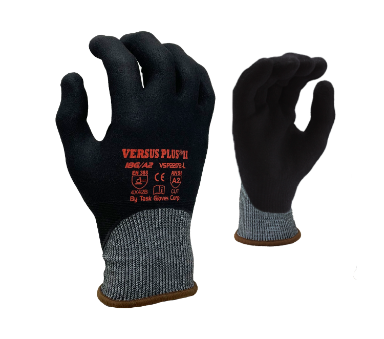 Task Gloves - Versus Plus® - 18 Gauge Blue Turnbull® shell, Black Micro-Foam Nitrile Fully coated, ANSI Cut A2 - Dozen