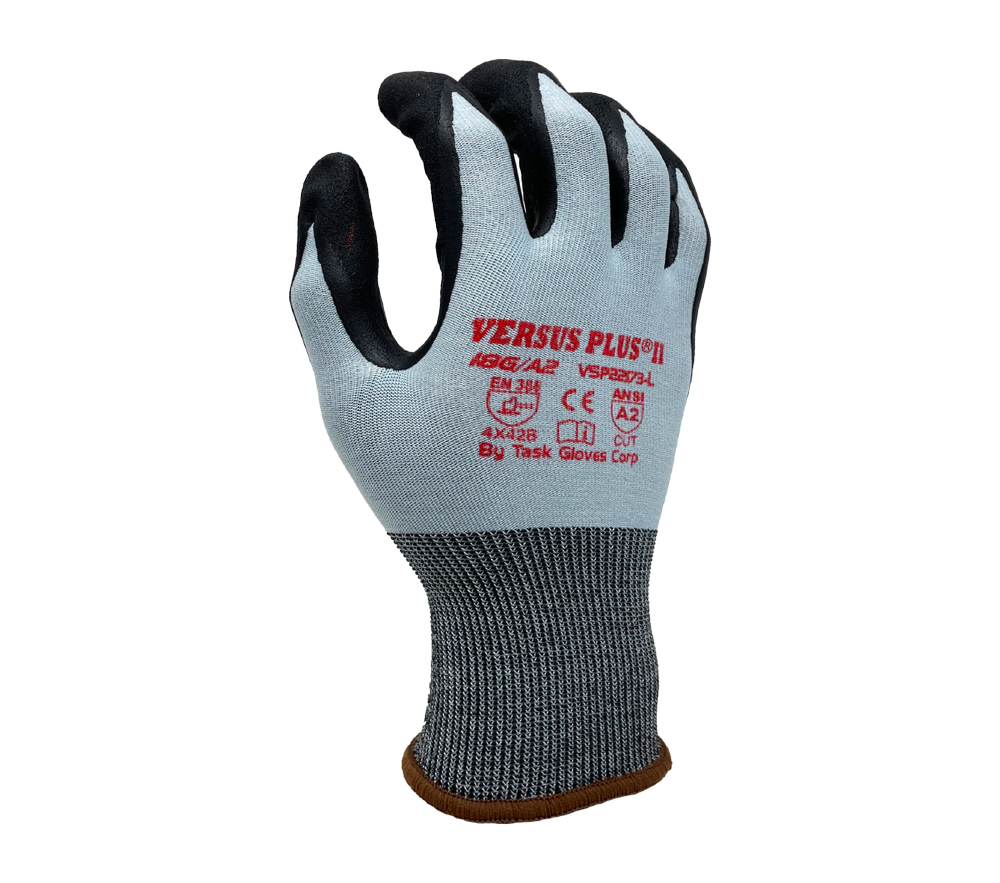 Task Gloves - Versus Plus® - 18 Gauge Blue Turnbull® shell, Black Micro-Foam Nitrile palm coated w/ Nitrile dots, ANSI Cut A2 - Dozen