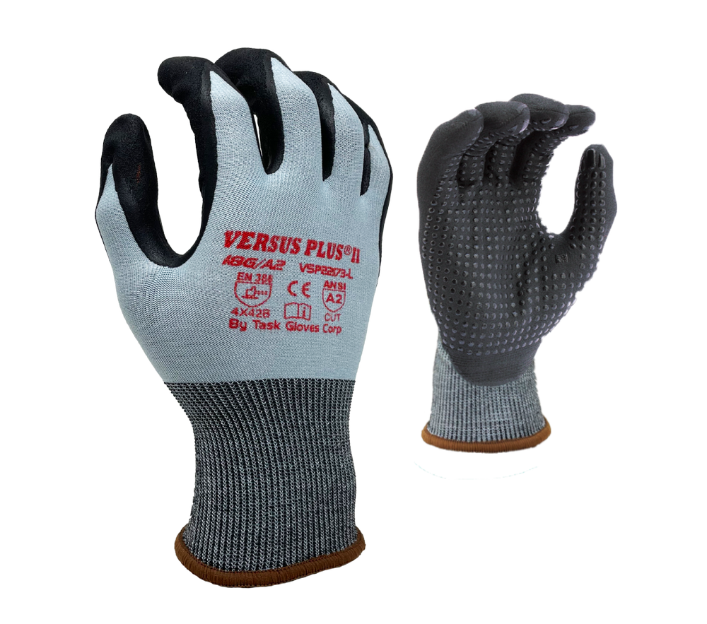 Task Gloves - Versus Plus® - 18 Gauge Blue Turnbull® shell, Black Micro-Foam Nitrile palm coated w/ Nitrile dots, ANSI Cut A2 - Dozen