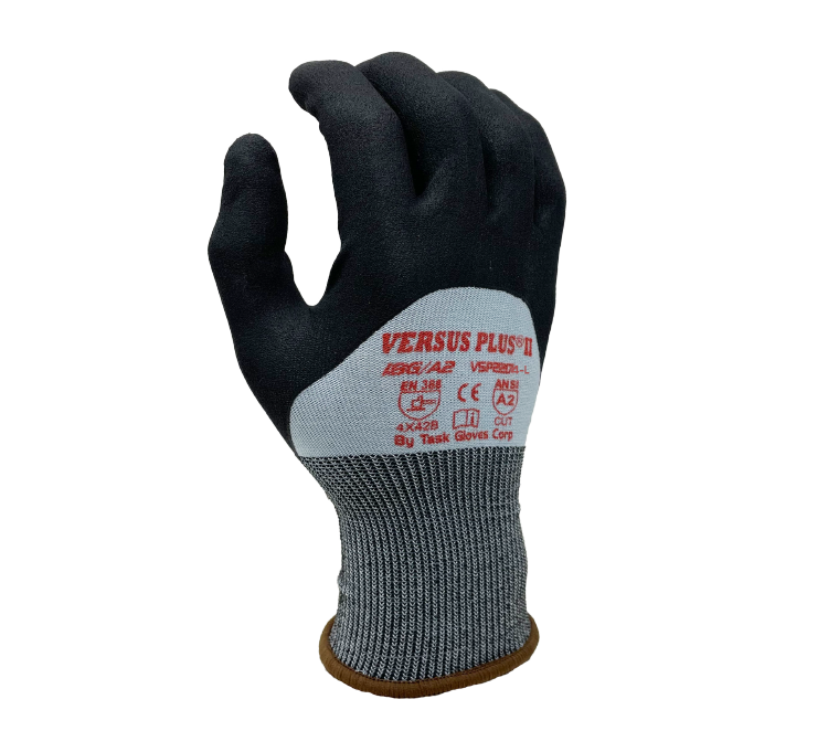 Task Gloves - Versus Plus® - 18 Gauge Blue Turnbull® shell, Black Micro-Foam Nitrile 3/4 coated w/ Nitrile dots, ANSI Cut A2 - Dozen