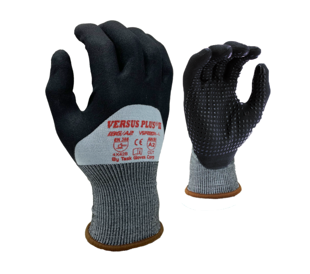 Task Gloves - Versus Plus® - 18 Gauge Blue Turnbull® shell, Black Micro-Foam Nitrile 3/4 coated w/ Nitrile dots, ANSI Cut A2 - Dozen