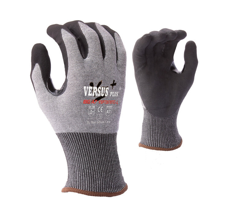 Versus Plus® - 18G Gray Falstone® shell, Micro-Foam Nitrile palm coated, Reinforced Thumb Crotch, Touchscreen compatible, ANSI A7 - Dozen