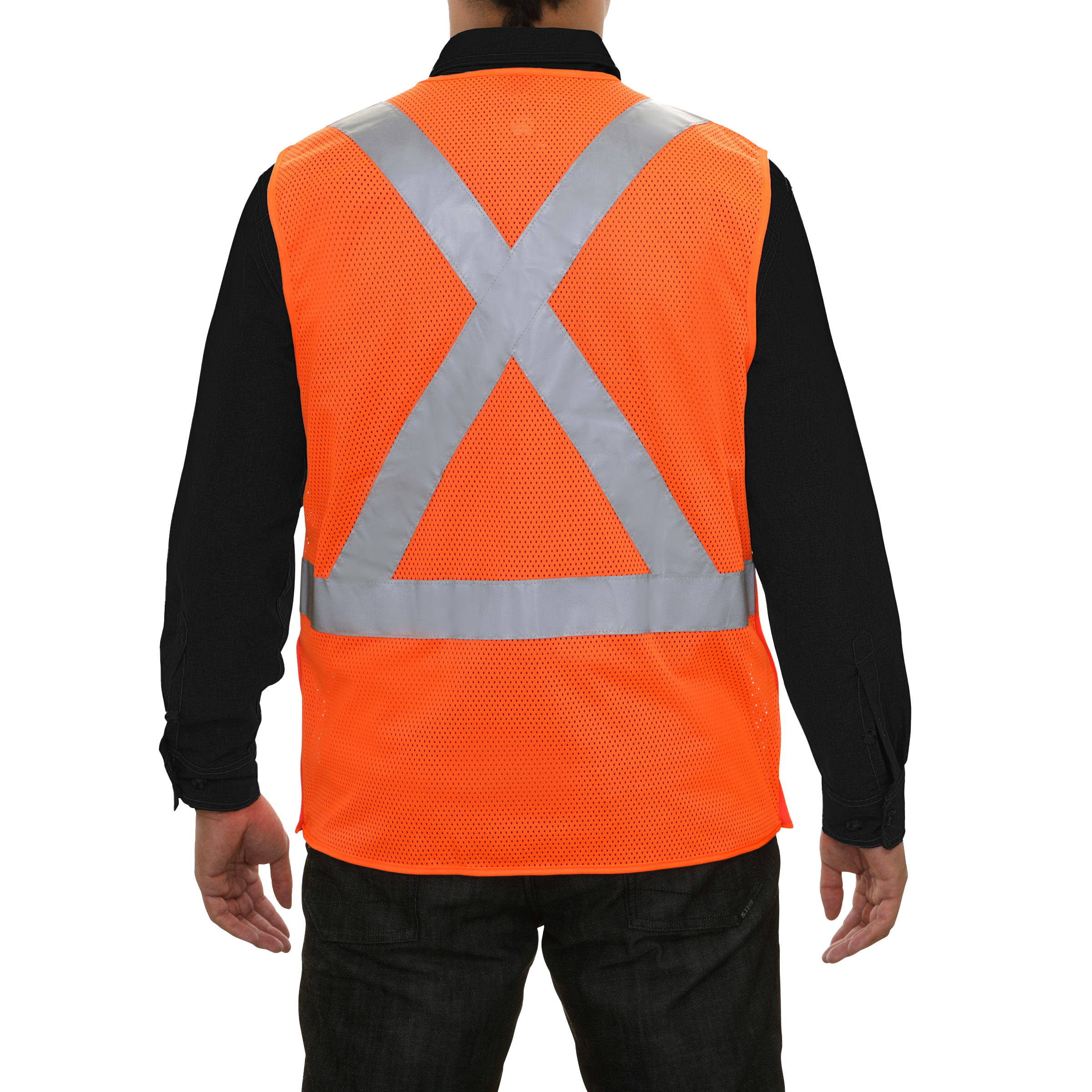 Safety Vest Clear ID Pocket 5pt Breakaway X-Back Orange Zip Mesh-eSafety Supplies, Inc