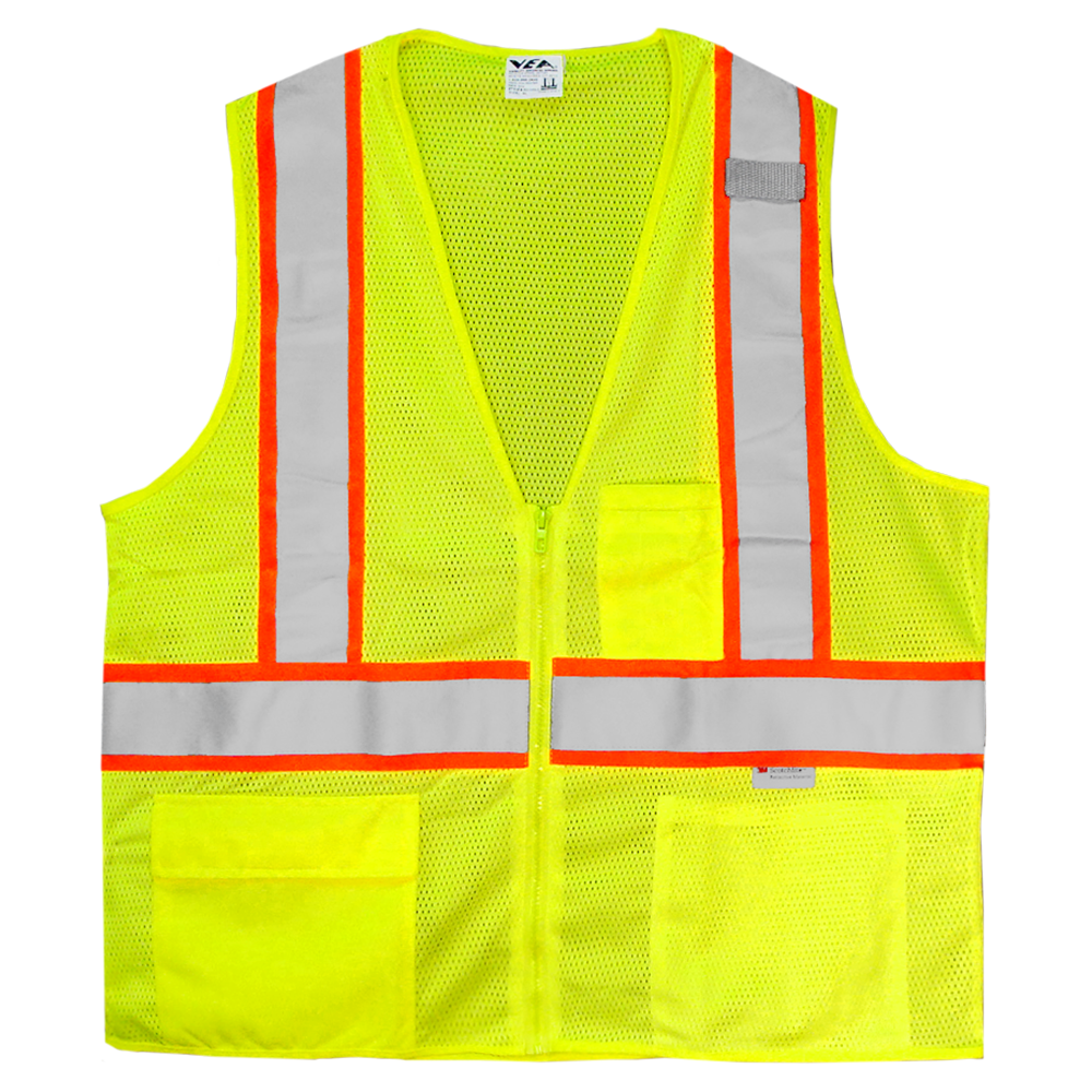 Safety Vest Hi Vis Vest Lime Zippered Mesh Contrasting Trim DOT ANSI 2-eSafety Supplies, Inc