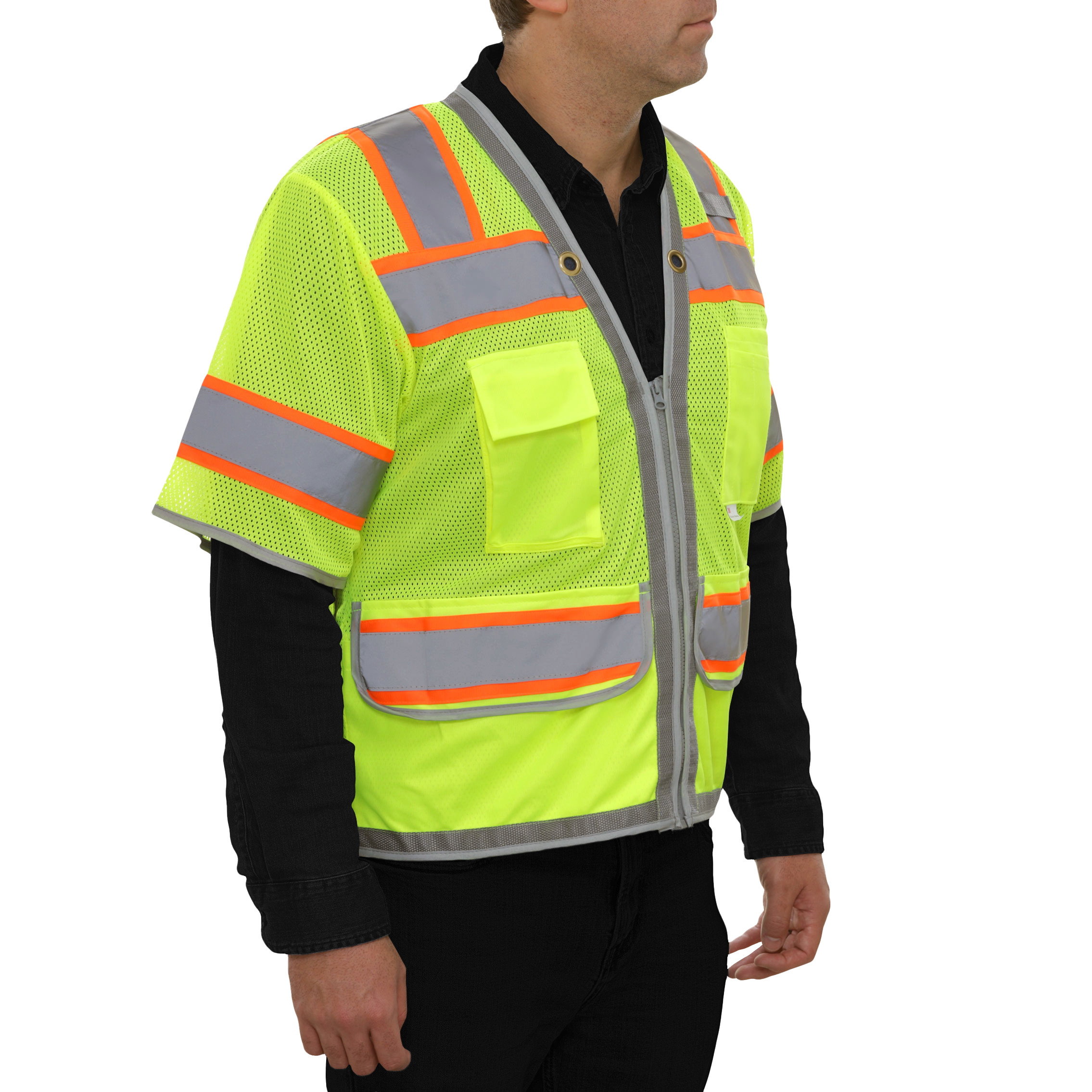 Multi-Pocket Safety Vest Hi-Vis Lime Mesh Vest Surveyor Contrasting Trim-eSafety Supplies, Inc