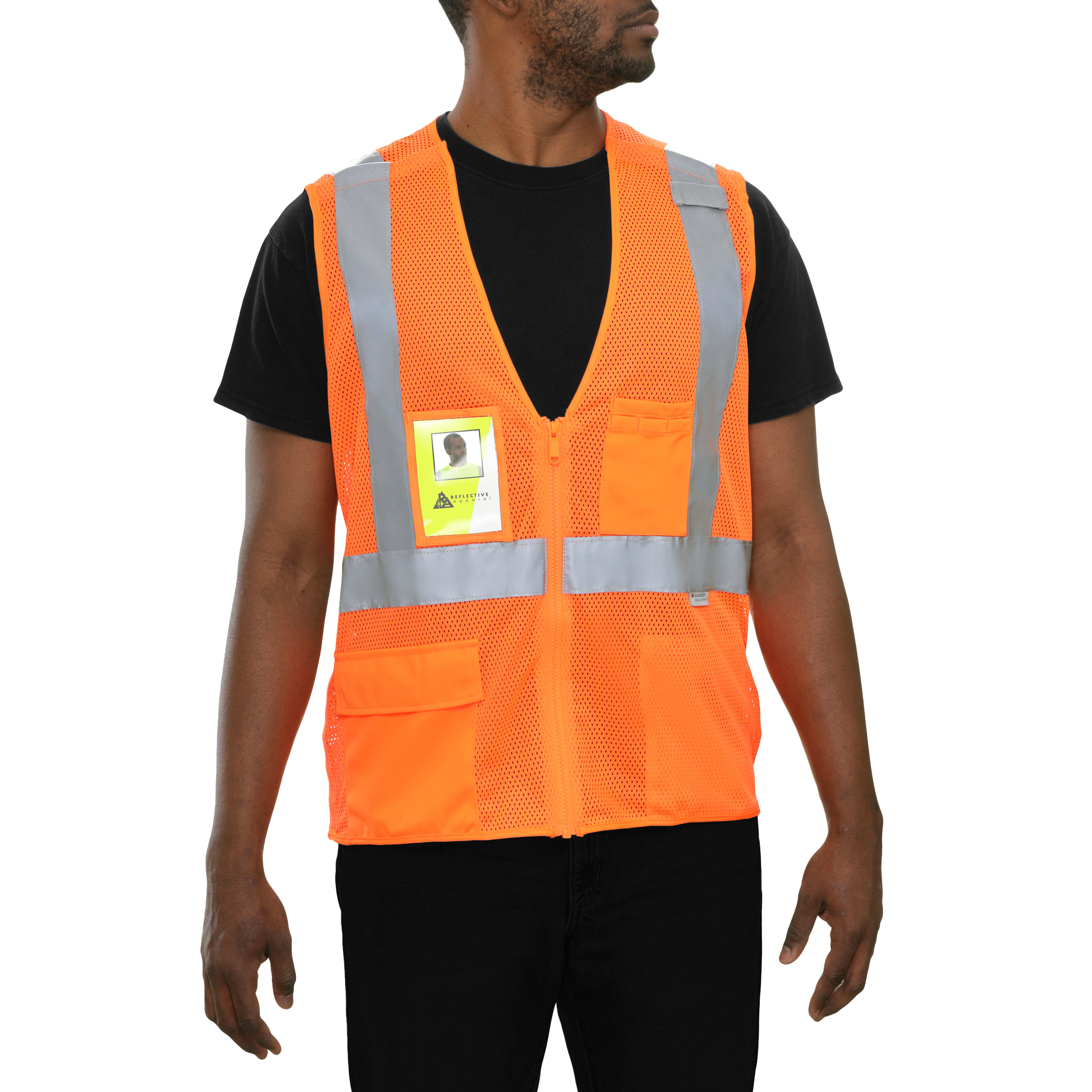 Safety Vest Hi Vis Vest Clear ID Pocket 5pt Breakaway Orange Zip Mesh-eSafety Supplies, Inc