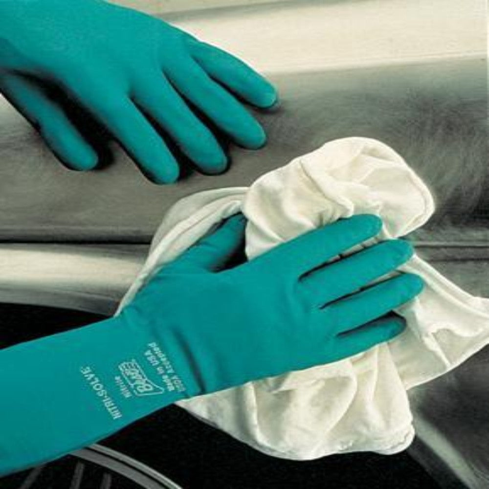 Best Green Nitri-Solve 13" Flock Lined 15 mil Unsupported Nitrile Gloves Bisque Finish And Gauntlet Cuff (Chlorinated)-eSafety Supplies, Inc