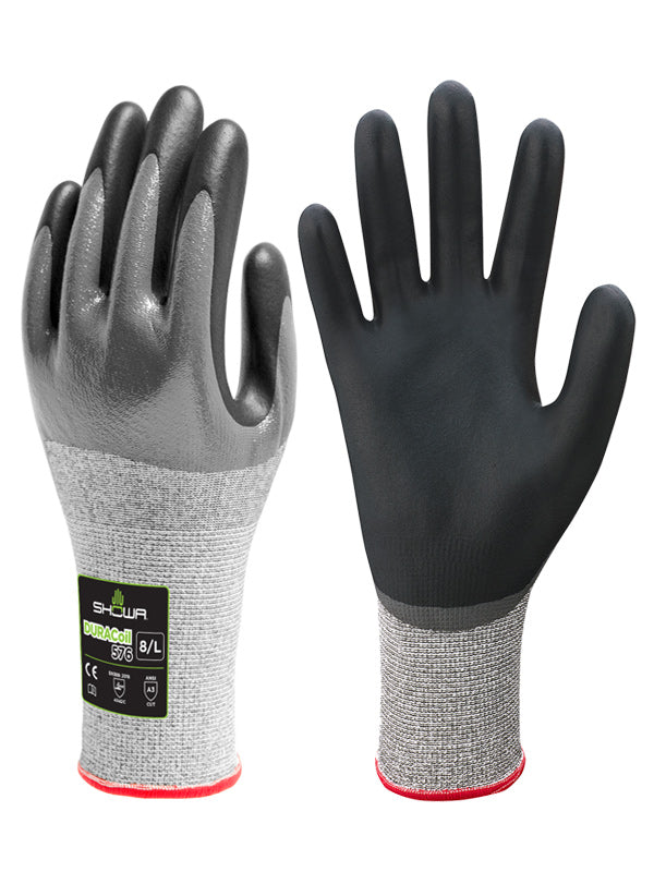 Foamed nitrileShowa 576 over ¾ dipped nitrile coating, over engineered DURACoil liner reinforced with HPPE. NEW-eSafety Supplies, Inc