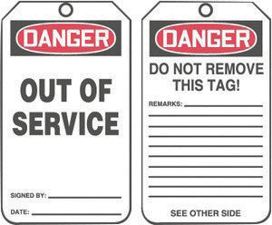 Accuform Signs 5 3/4" X 3 1/4" Red, Black And White HS-Laminate English Two Sided Safety Tag "DANGER OUT OF SERVICE/DANGER DO NOT REMOVE THIS TAG! REMARKS …" With Pull-Proof Metal Grommeted 3/8"-eSafety Supplies, Inc