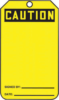 Accuform Signs 5 3/4" X 3 1/4" Black And Yellow HS-Laminate Accident Prevention Blank Tag "CAUTION" With Pull-Proof Metal Grommeted 3/8" Reinforced Hole And OSHA Header-eSafety Supplies, Inc