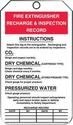 Accuform Signs 5 3/4" X 3 1/4" Red, Black And White 10 mil PF-Cardstock English Fire Inspection Tag "FIRE EXTINGUISHER RECHARGE AND INSPECTION RECORD" With 3/8" Plain Hole-eSafety Supplies, Inc