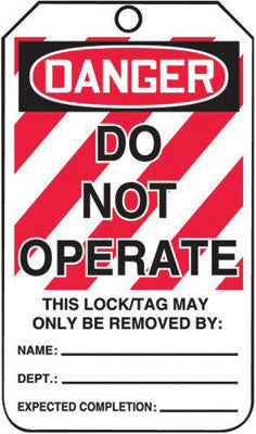 Accuform Signs 5 3/4" X 3 1/4" Red, Black And White HS-Laminate English Two Sided Lockout/Tagout Safety Tag "DANGER DO NOT OPERATE EQUIPMENT LOCKED OUT THIS LOCK/TAG MAY ONLY BE REMOVED BY: NAME:-eSafety Supplies, Inc