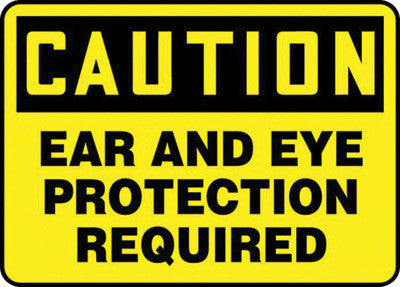 Accuform Signs 7" X 10" Black And Yellow 0.040" Aluminum PPE Sign "CAUTION EAR AND EYE PROTECTION REQUIRED" With Round Corner-eSafety Supplies, Inc